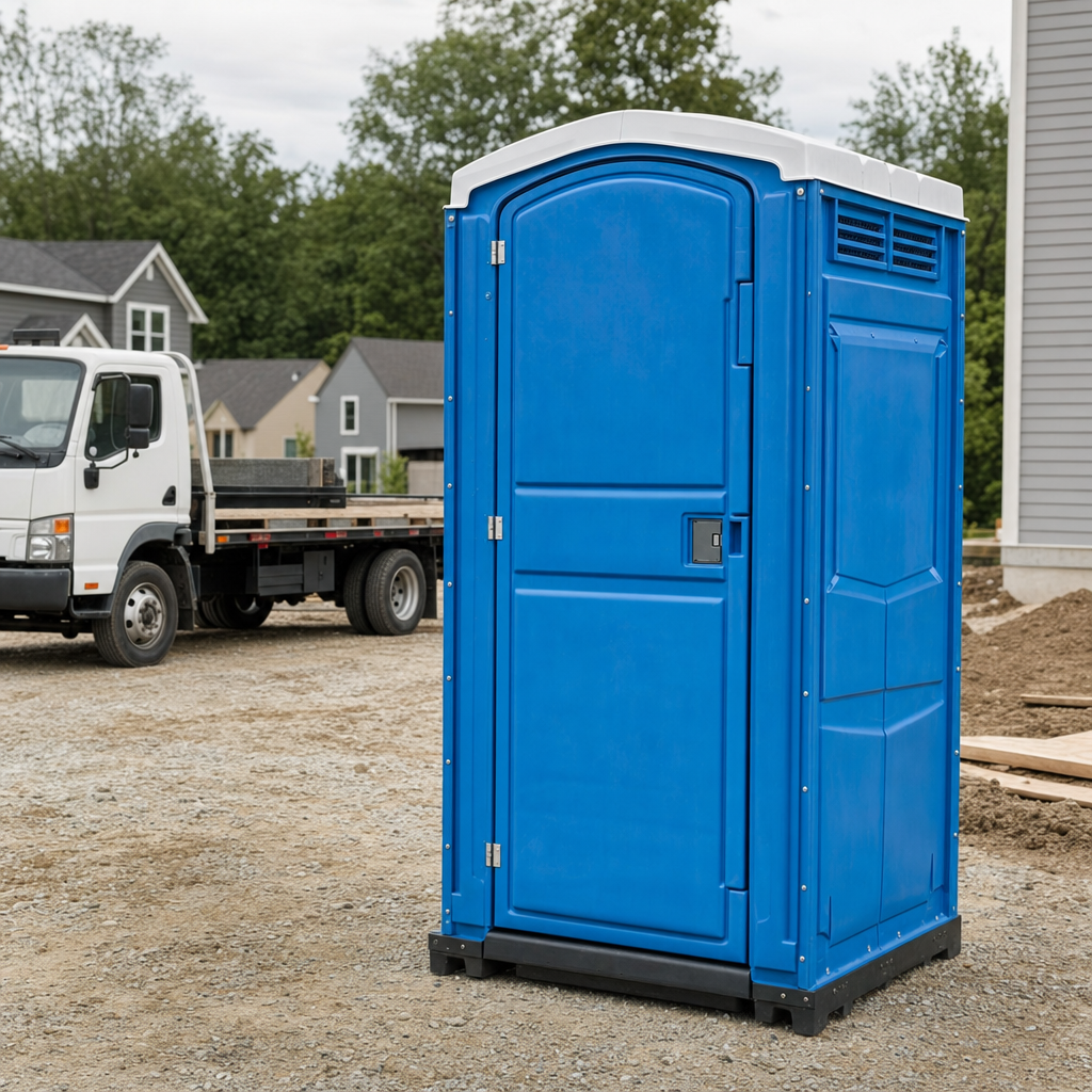 Delivery driver positioning a clean royal-blue portable toilet on level ground at a Rockledge worksite