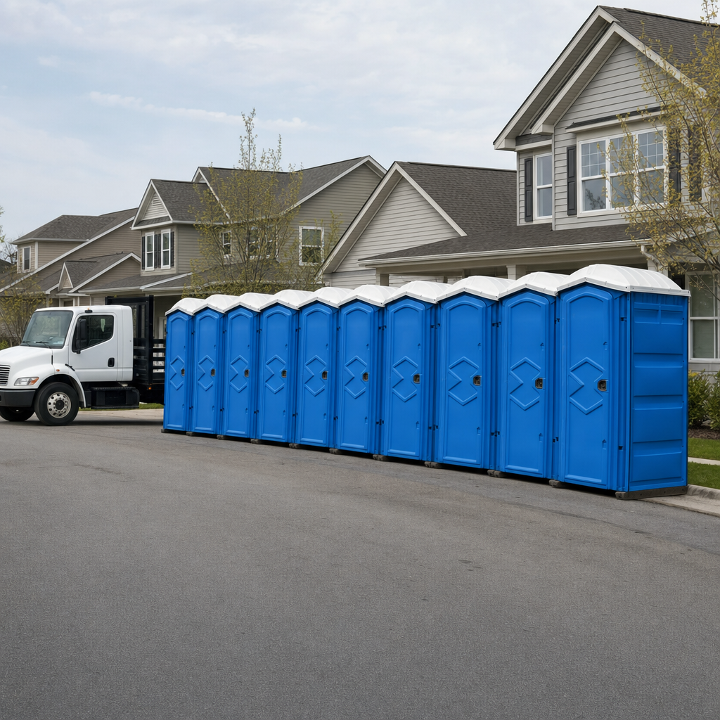 Royal blue portable toilets staged in a tidy row at a Rockledge jobsite, ready for delivery