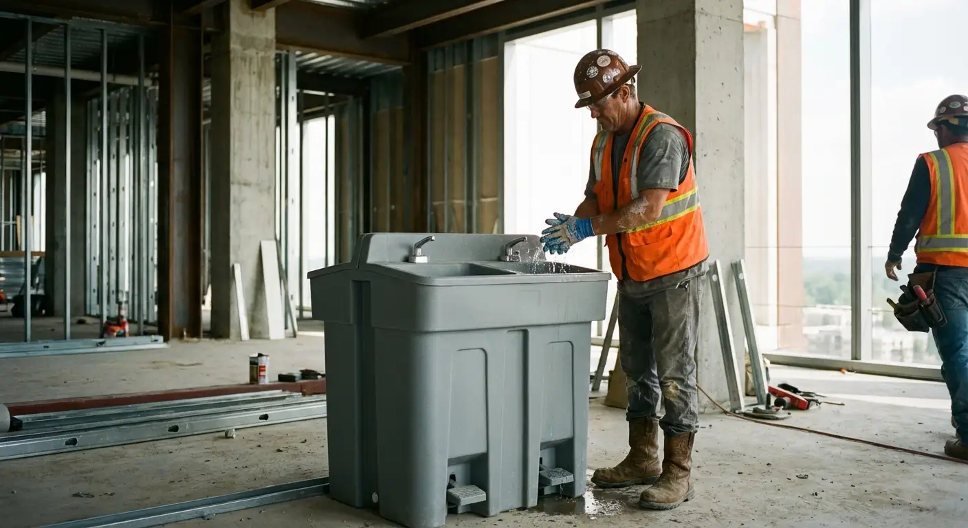A dual-basin hand wash station positioned on a concrete floor of a high-rise construction site with the city skyline visible through open steel framing. in Rockledge, FL