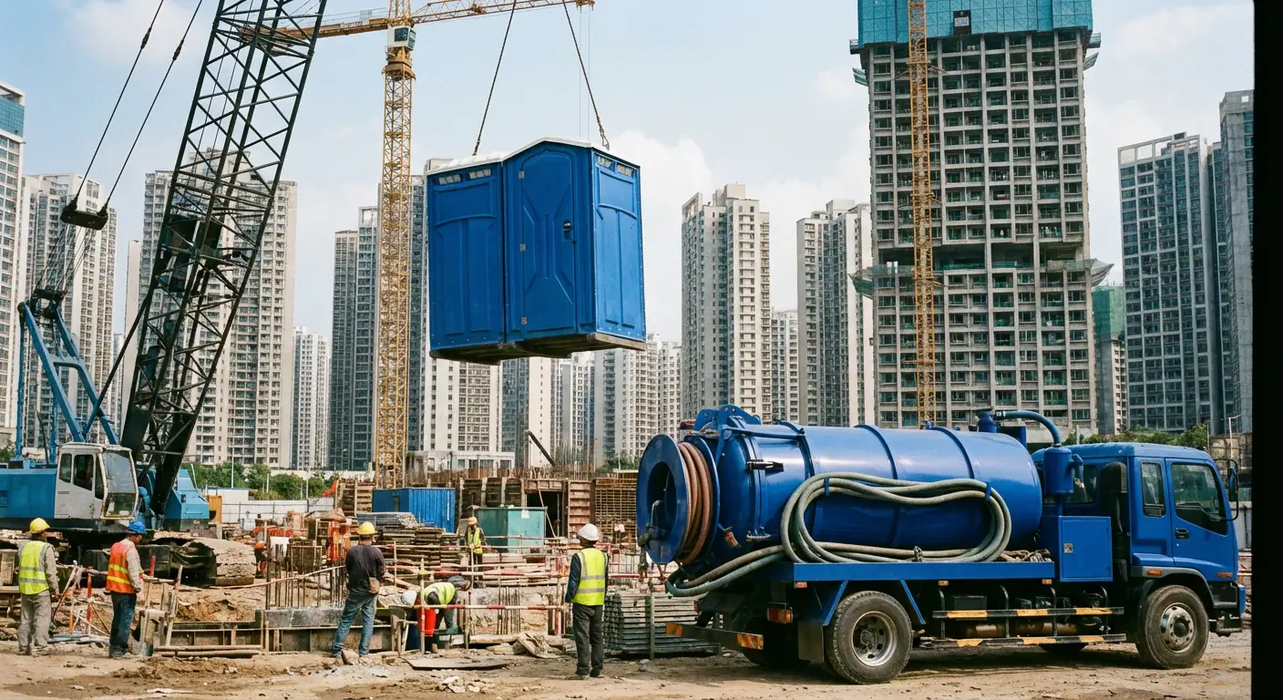 A High-Rise Crane Liftable Toilet unit suspended in mid-air by a crane against a city skyline during the day, showcasing the steel sling attachment. in Rockledge, FL