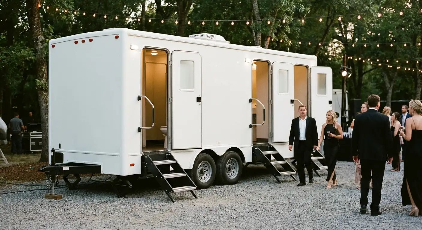 Exterior of a Luxury Restroom Trailer at an evening event, warm lighting spilling from the door, positioned discreetly near a manicured lawn. in Rockledge, FL