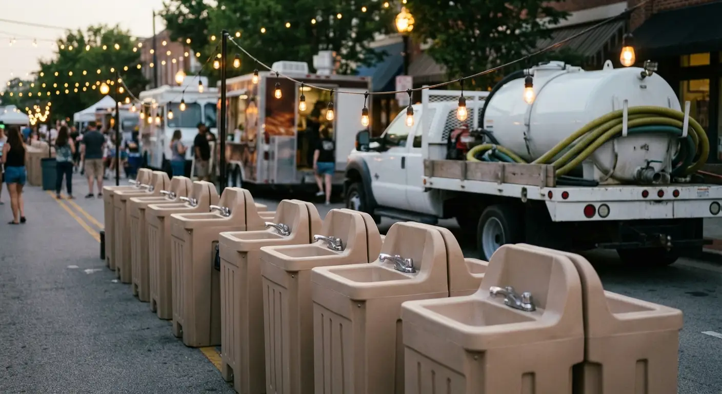 A row of clean, grey portable hand wash stations set up on pavement near food trucks, with blurred festival lights and crowd in the background. in Rockledge, FL