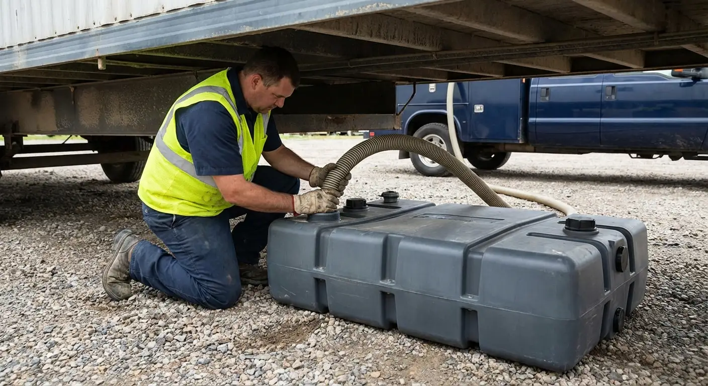 Space Coast Sanitation vacuum truck servicing a waste holding tank at a construction site in Rockledge, FL