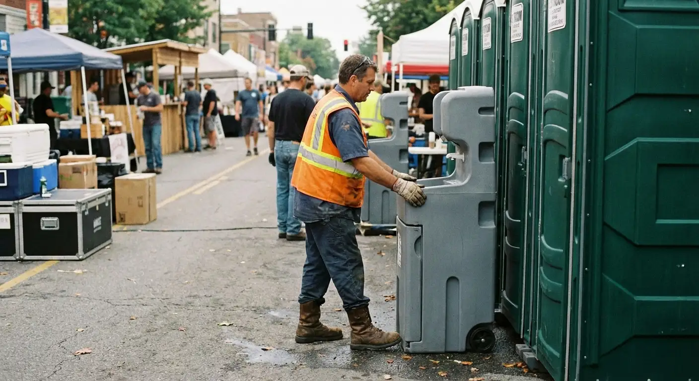 A row of pristine Special Event Portable Restrooms and hand wash stations lined up along a festival barrier with blurred crowds in the background. in Rockledge, FL