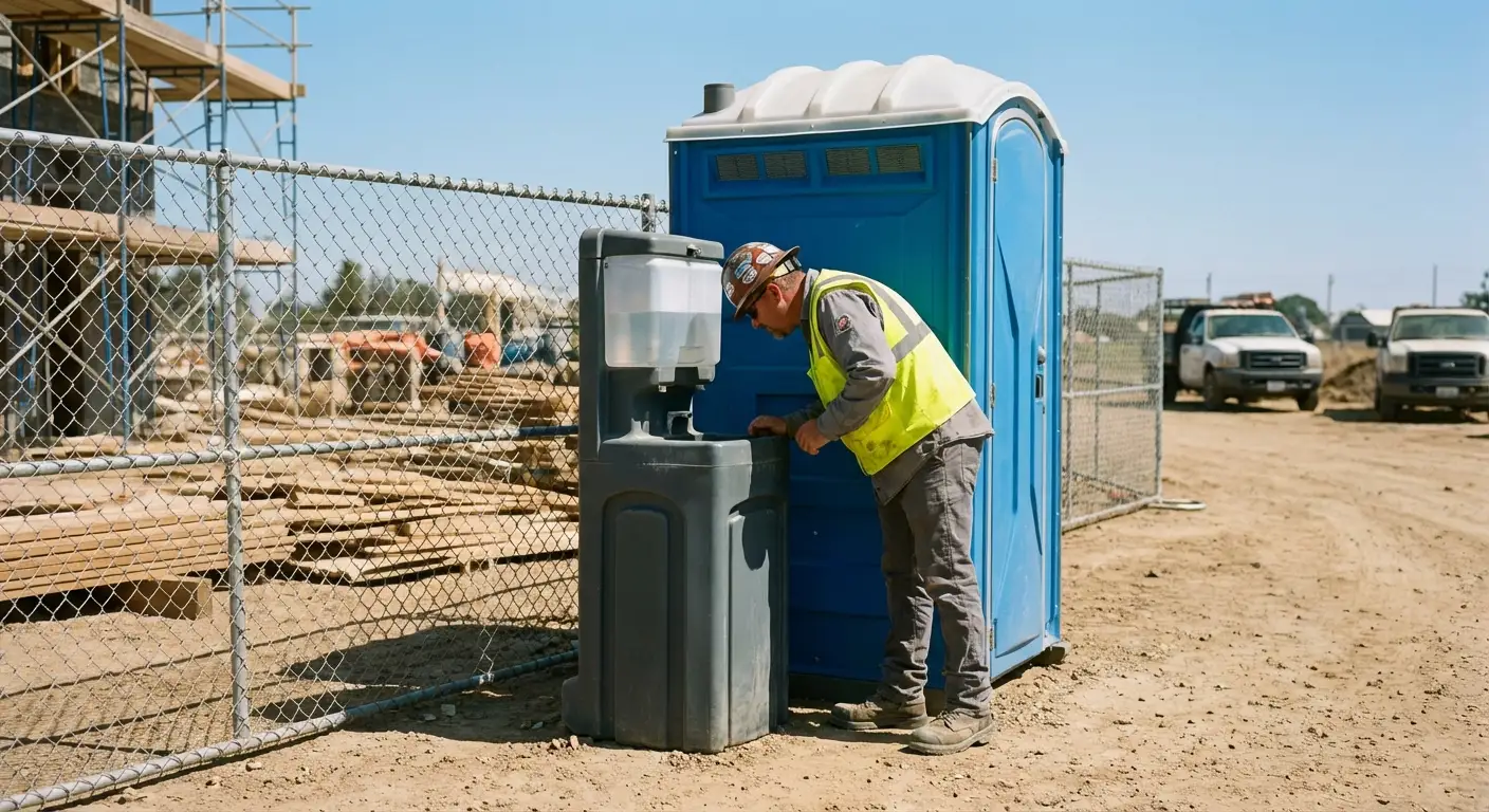 A close-up view of a portable hand wash station next to a portable toilet on a dirt construction site, focusing on the foot pump mechanism. in Rockledge, FL